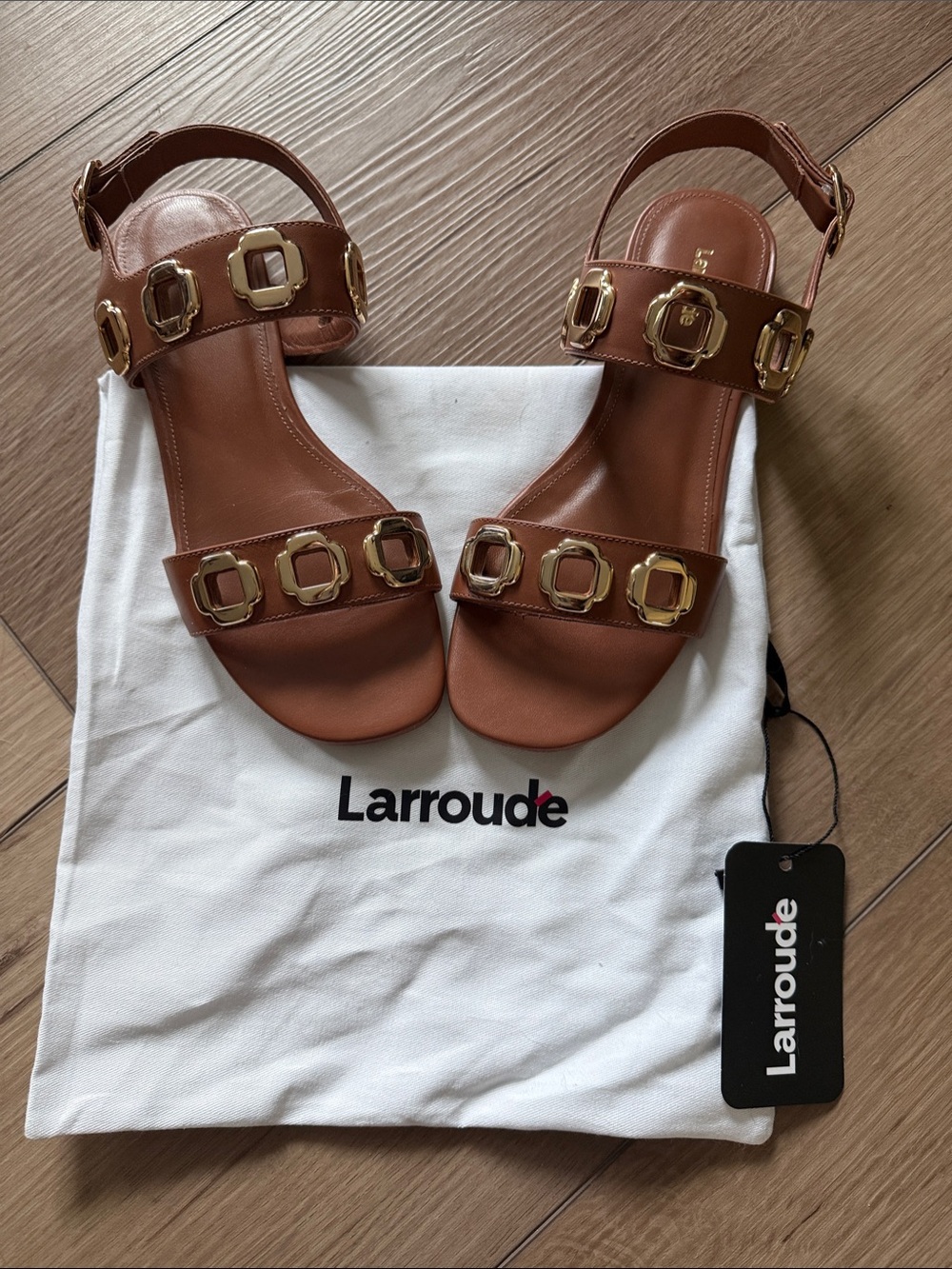 Larroude Caramel Brown Leather Sandals with Gold Hardware | Size 7